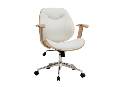 Chaise de bureau &agrave; roulettes design blanc, bois clair et acier chrom&eacute; YORKE