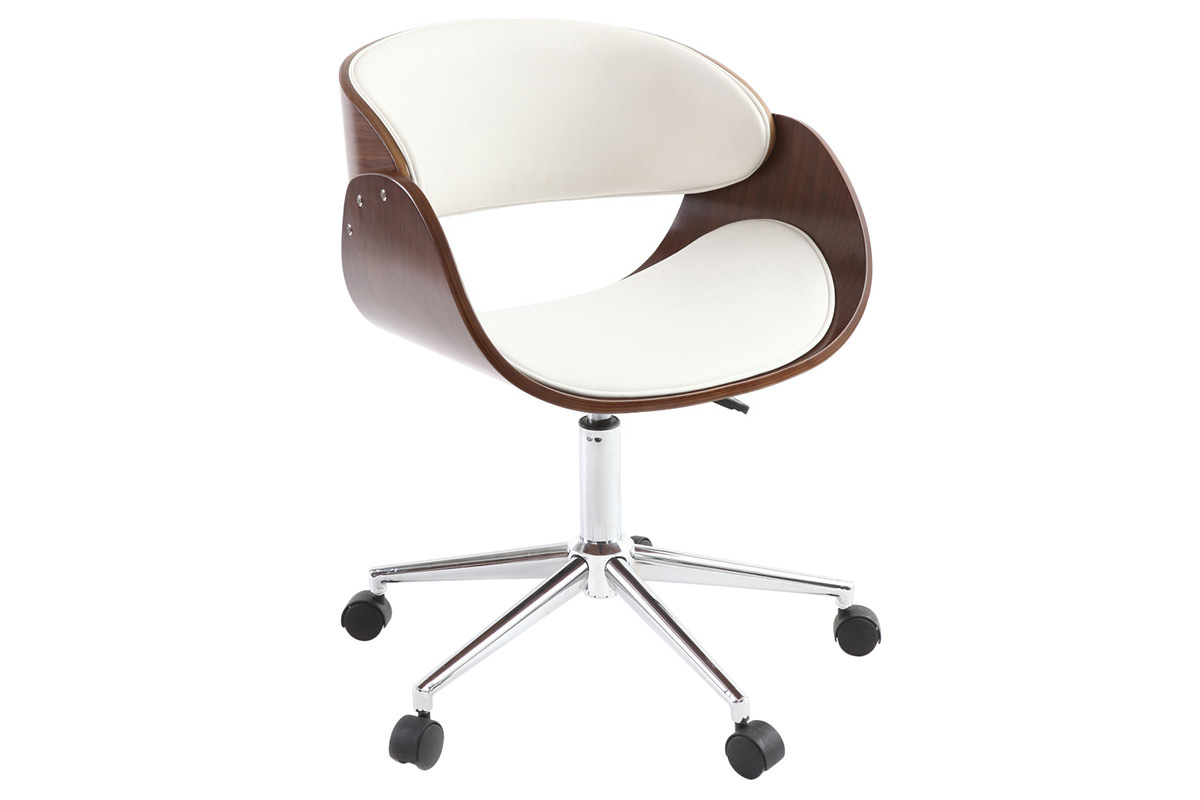 Chaise de bureau � roulettes design blanc, bois fonc� noyer et acier chrom� BENT