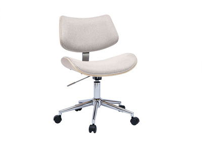 Chaise de bureau &agrave; roulettes design en tissu effet velours textur&eacute; beige, bois clair ch&ecirc;ne et m&eacute;tal MALMO