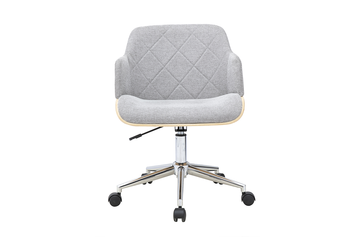 Chaise de bureau SANDRO � roulettes en tissu gris, vue de face, avec accoudoirs en bois clair et pied en acier chrom�.