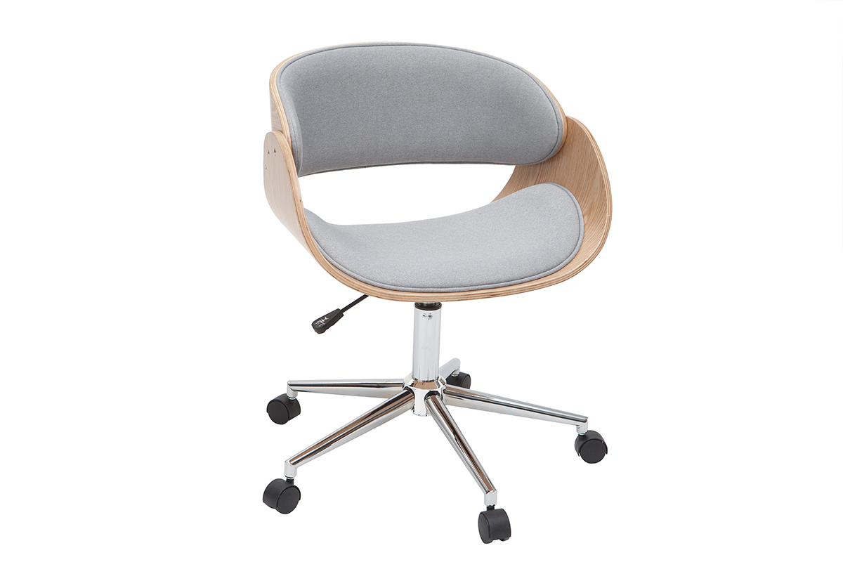 Chaise de bureau � roulettes design en tissu gris, bois clair et acier chrom� BENT