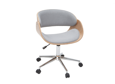 Chaise de bureau &agrave; roulettes design en tissu gris, bois clair et acier chrom&eacute; BENT