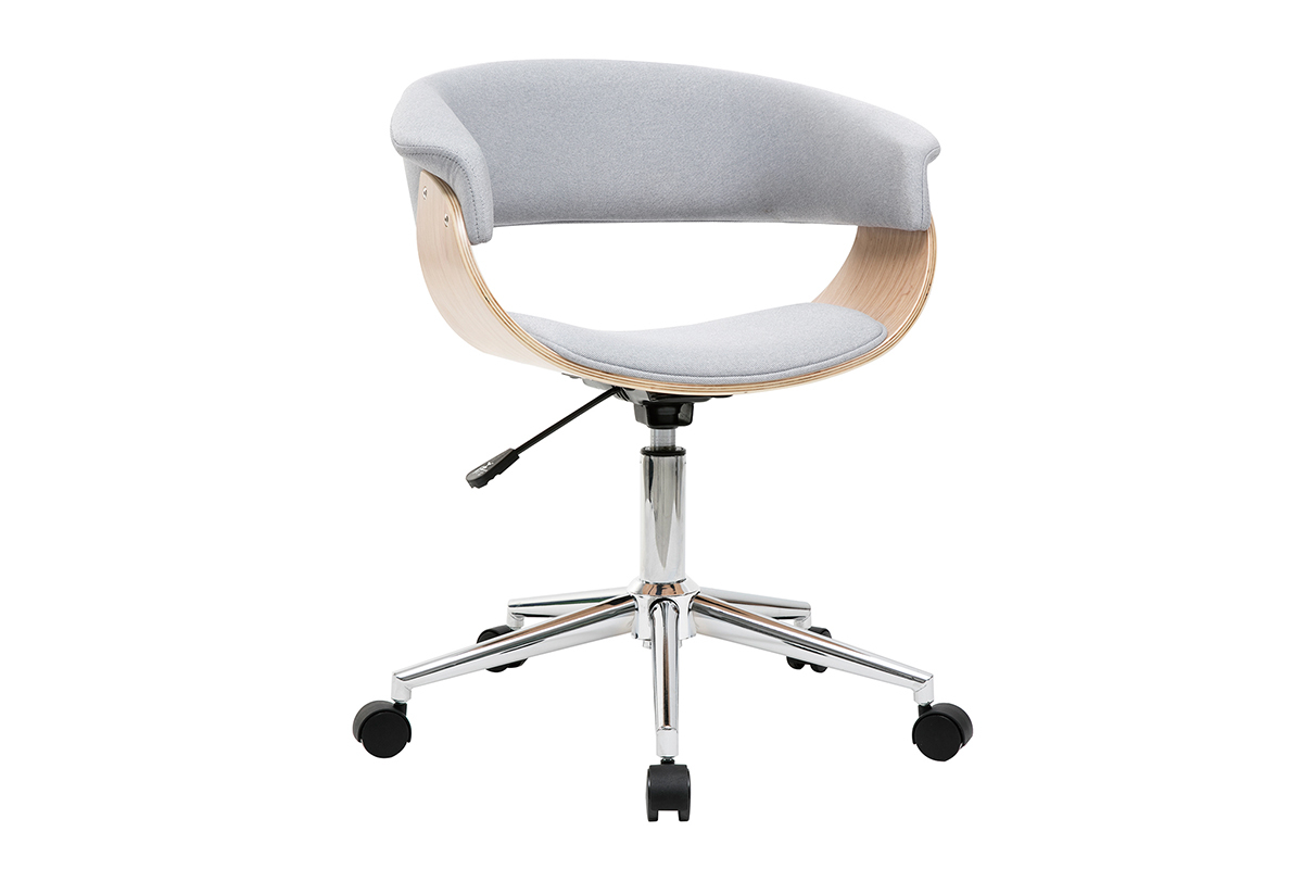 Chaise de bureau grise � roulettes, vue de 3/4, bois clair et acier chrom�, mod�le OKTAV.