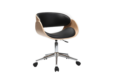 Chaise de bureau &agrave; roulettes design noir, bois clair et acier chrom&eacute; BENT