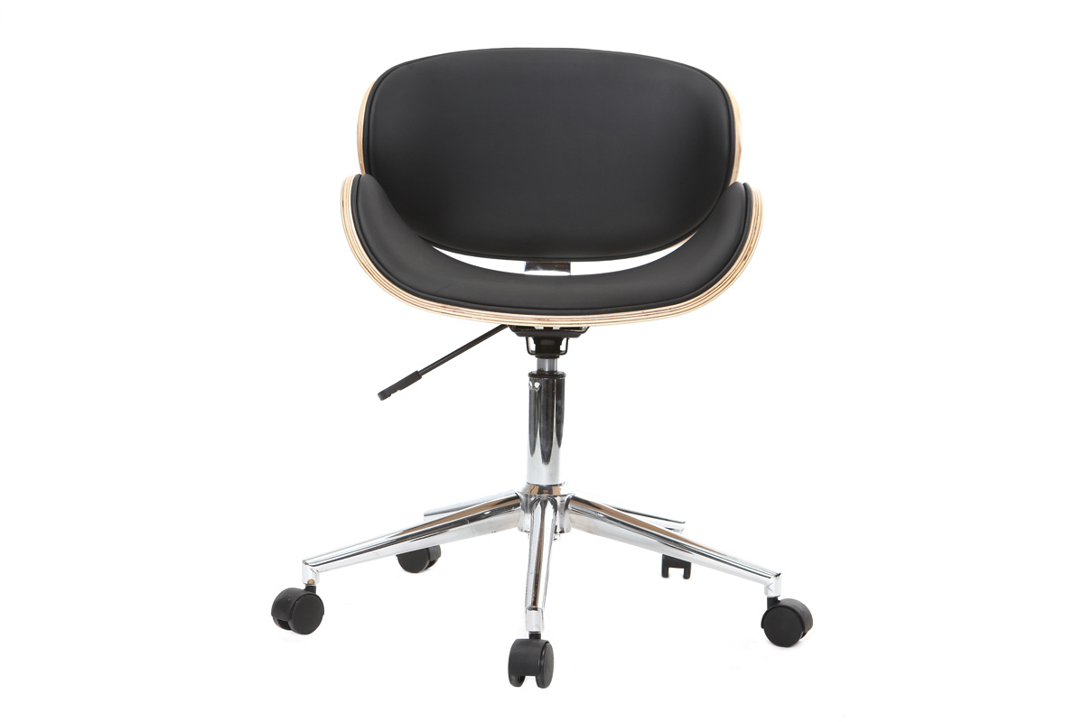 Chaise de bureau � roulettes design noir, bois clair et acier chrom� WALNUT