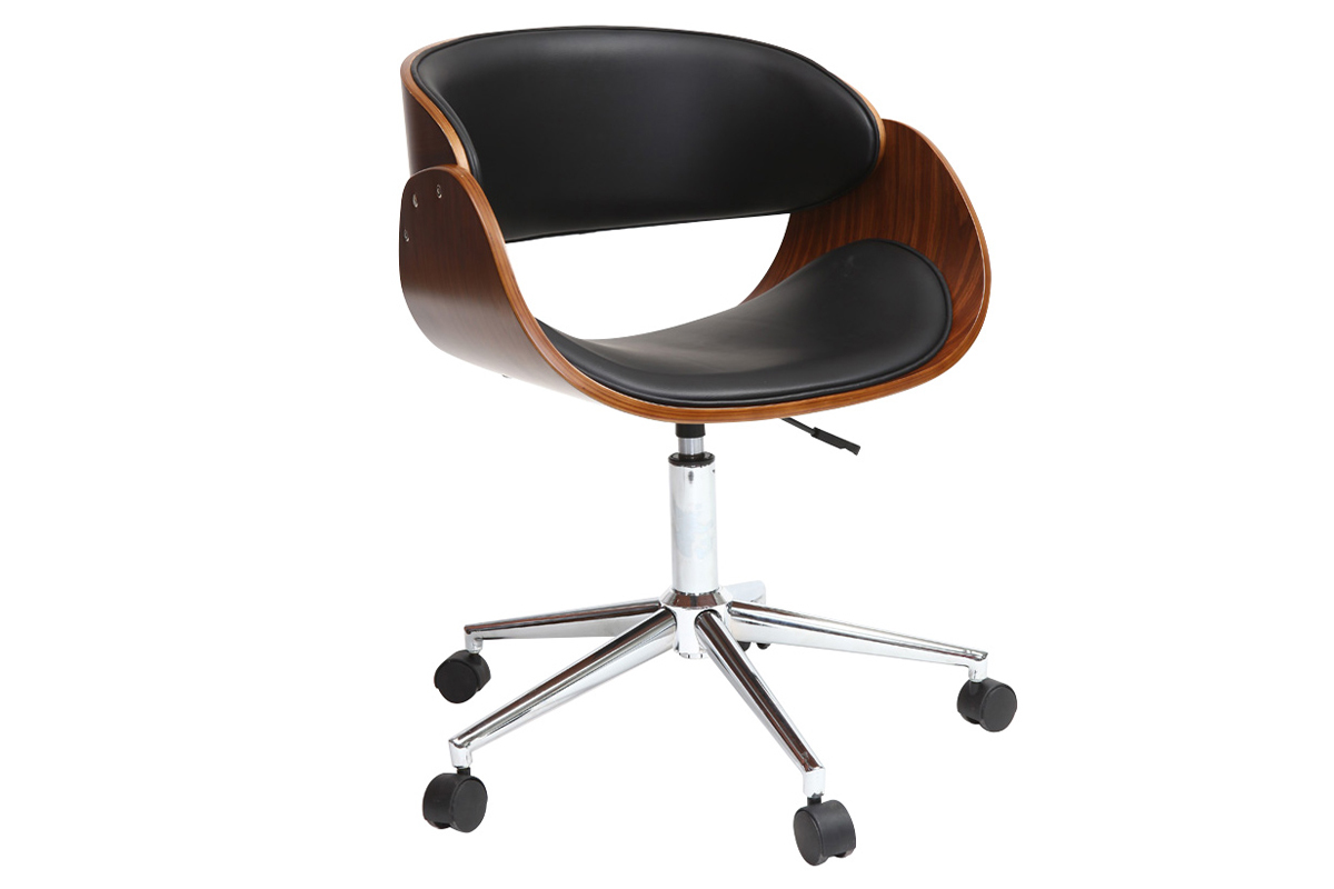 Chaise de bureau � roulettes design noir, bois fonc� noyer et acier chrom�  BENT
