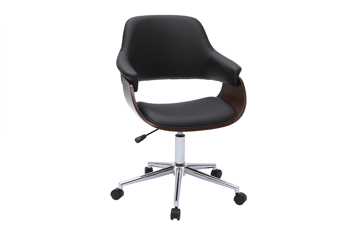 Chaise de bureau � roulettes design noir, bois fonc� noyer et acier chrom� HANSEN