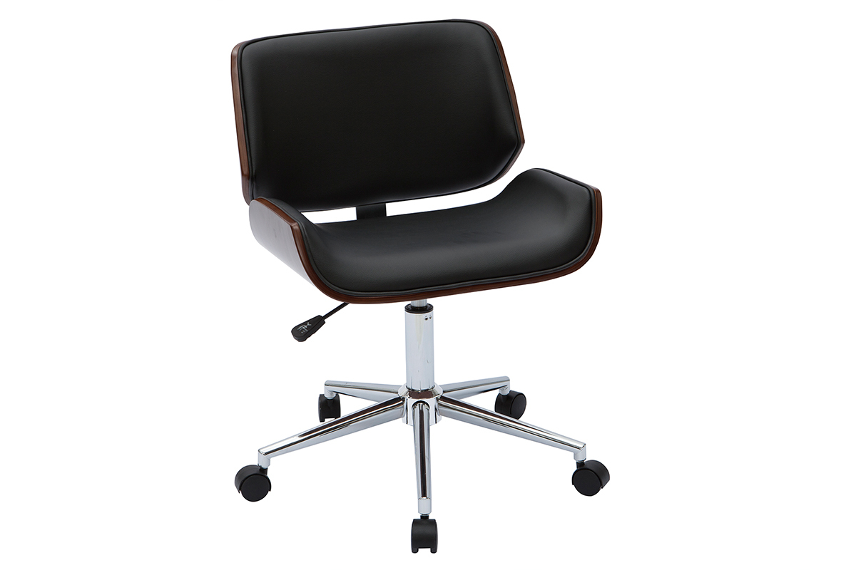 Chaise de bureau � roulettes design noir, bois fonc� noyer et acier chrom� RUBBENS