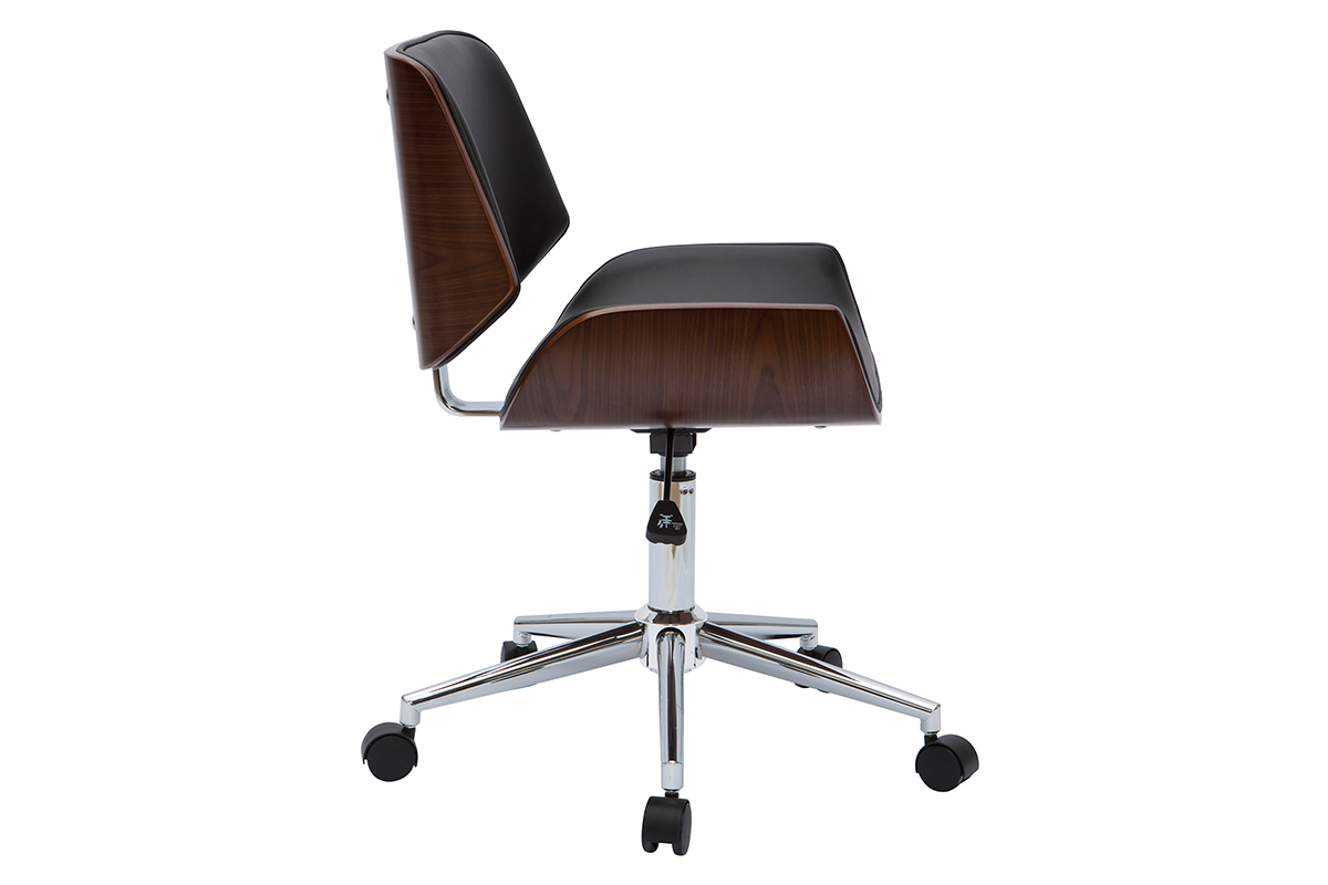 Chaise de bureau � roulettes design noir, bois fonc� noyer et acier chrom� RUBBENS