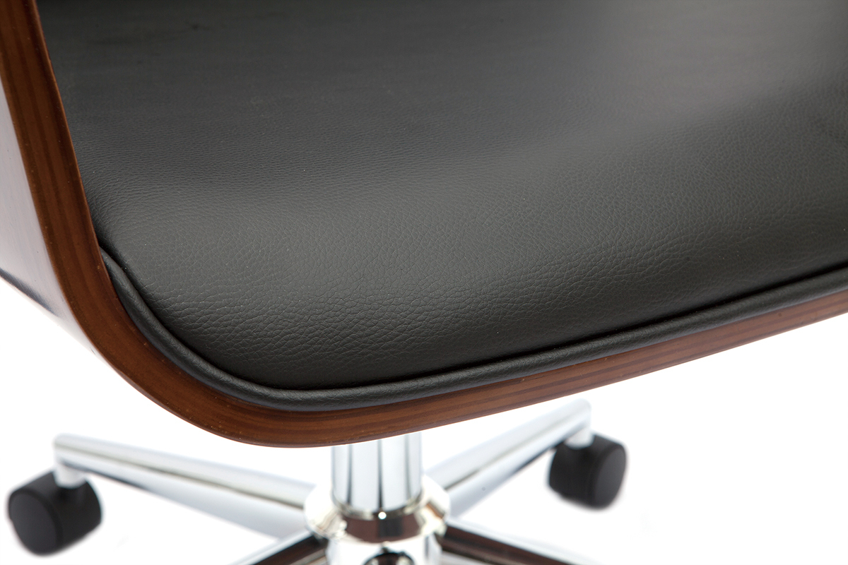 Chaise de bureau � roulettes design noir, bois fonc� noyer et acier chrom� RUFIN