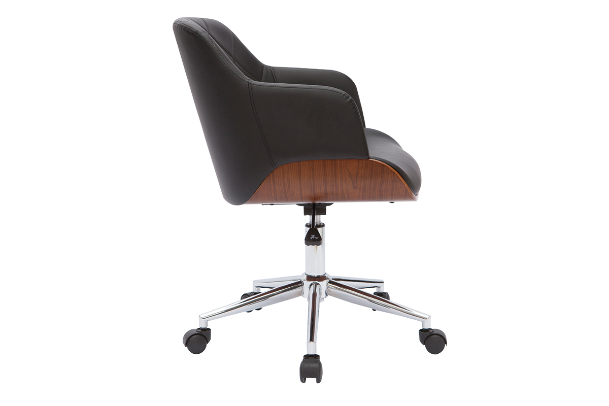 Chaise de bureau � roulettes design noir, bois fonc� noyer et acier chrom� SANDRO