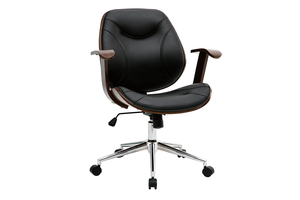 Chaise de bureau � roulettes design noir, bois fonc� noyer et acier chrom� YORKE