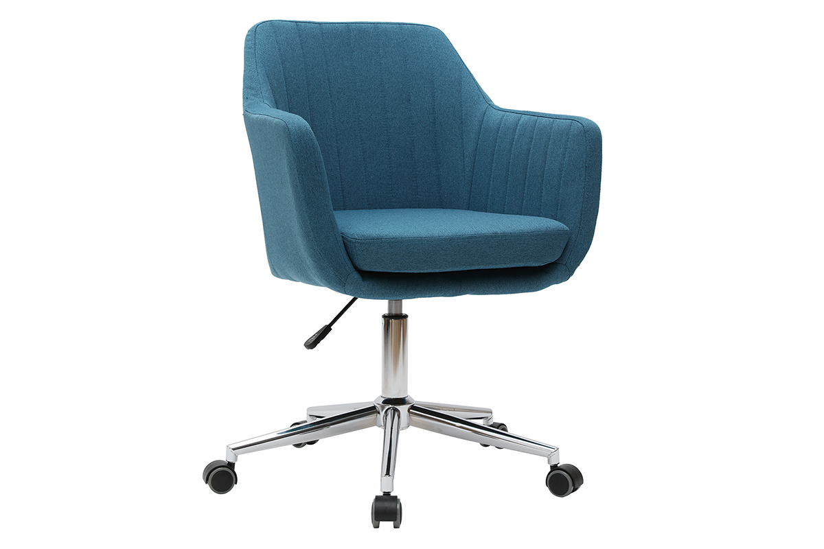 Chaise de bureau � roulettes en tissu bleu canard et acier chrom� ALEYNA