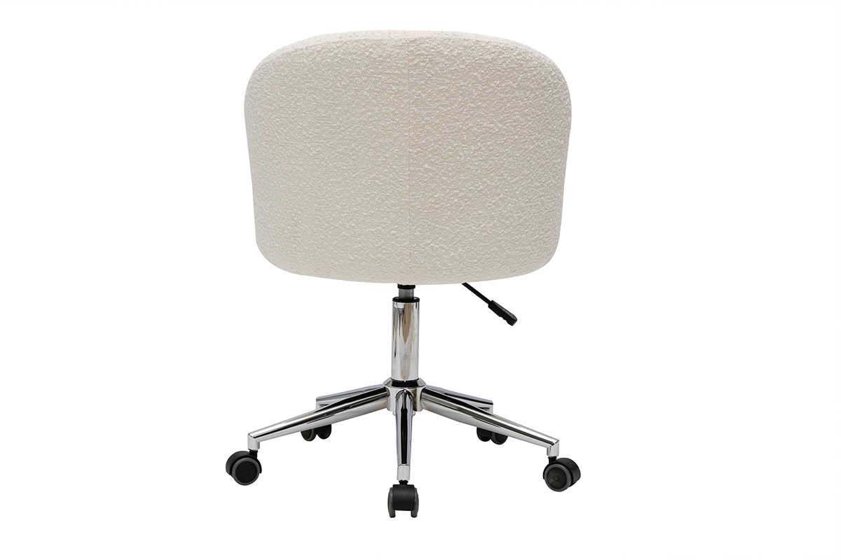 Chaise de bureau � roulettes en tissu effet laine boucl�e blanc cass� et acier chrom� VANITY