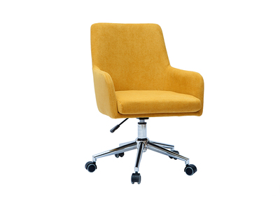 Chaise de bureau &agrave; roulettes en tissu effet velours jaune moutarde et acier chrom&eacute; SHANA