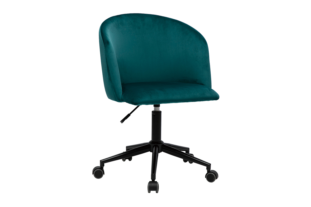 Chaise de bureau � roulettes en velours bleu p�trole vue de 3/4.
