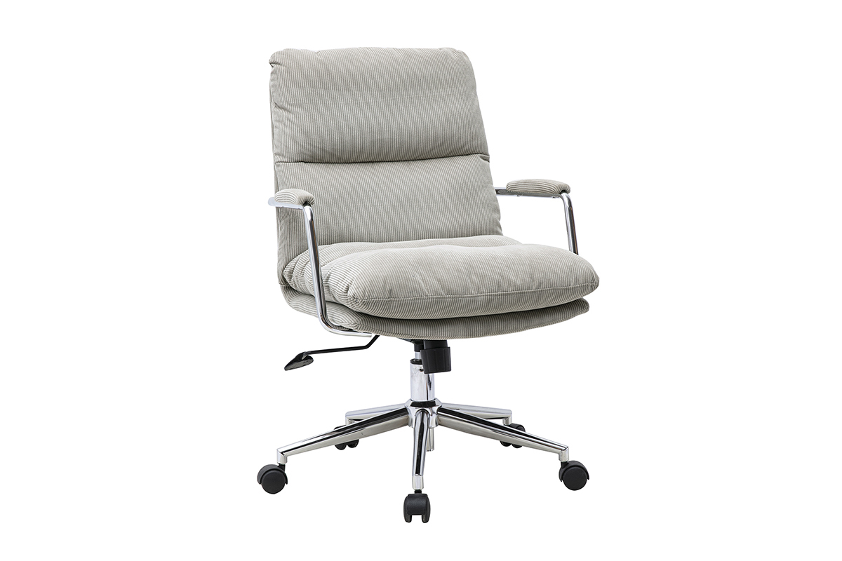 Chaise de bureau � roulettes MIRABEAU en velours c�tel� taupe, vue de 3/4, pi�tement en m�tal chrom�.