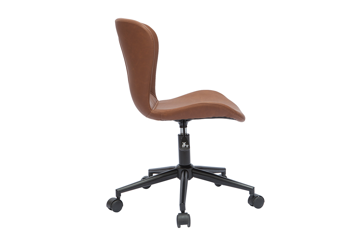 Chaise de bureau � roulettes marron et m�tal noir vue de profil.