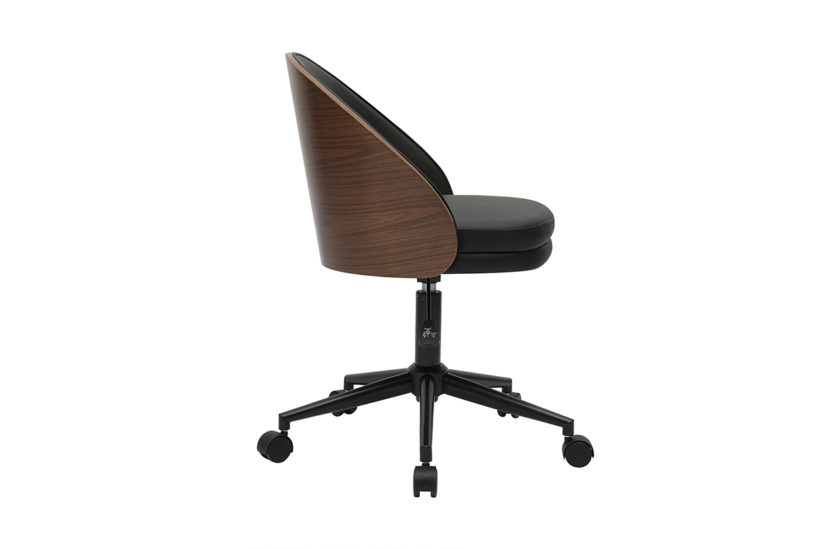 Chaise de bureau noire avec dossier bois fonc�, vue de profil.