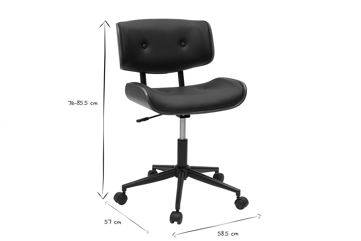 Chaise de bureau en bois fonc� et polyur�thane noir, dimensions 58,5x57x76-85,5 cm, roulettes pivotantes.
