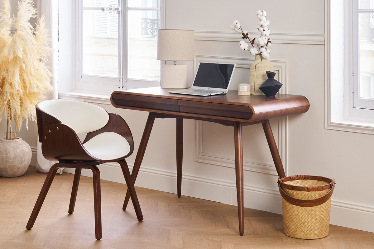 Chaise design blanc et bois fonc� noyer BENT