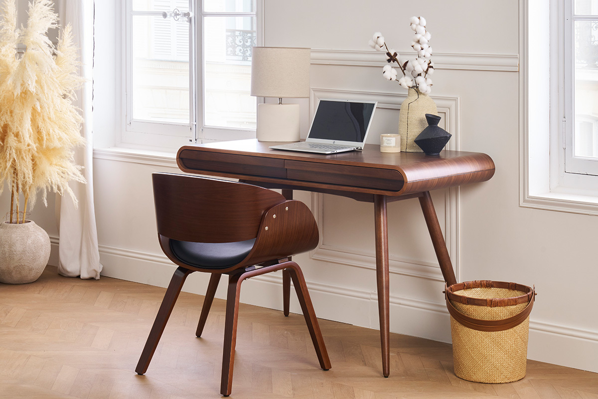 Chaise design noir et bois fonc� noyer BENT