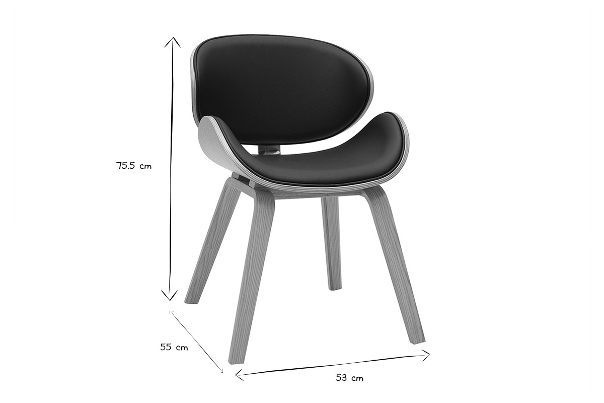 Chaise noire et bois clair, design contemporain et nordique, dimensions visibles.