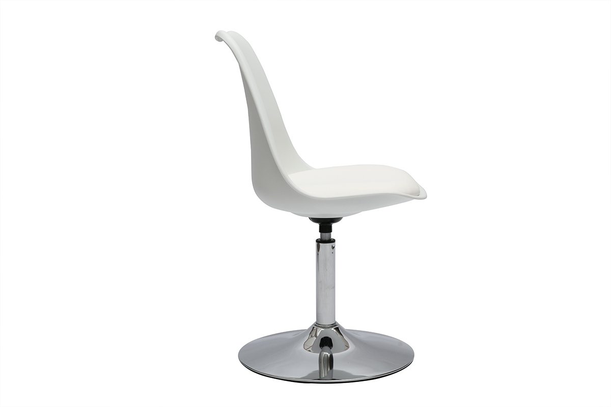 Chaise design blanche avec base en m�tal chrom�, mod�le STEEVY. Vue de profil.