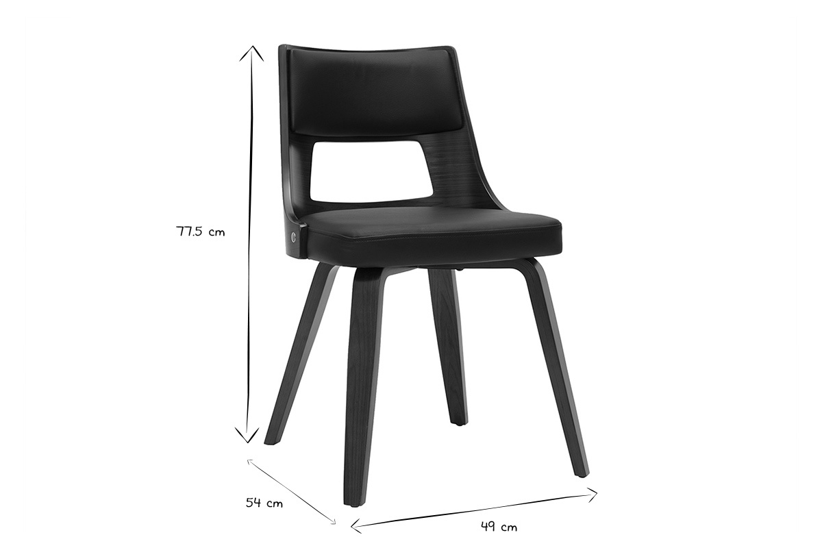 Chaise vintage GARBO en bois fonc� avec rembourrage polyur�thane noir, dimensions L49 x P54 x H77,5 cm