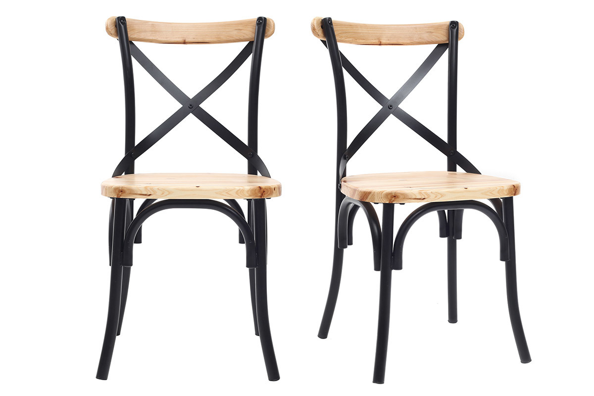 Chaises bistrot bois clair massif et m�tal noir (lot de 2) JAKE