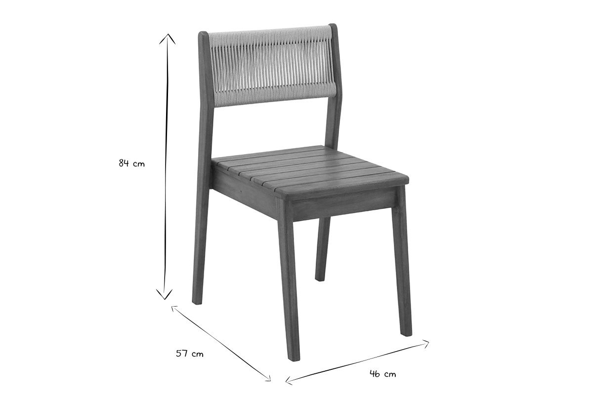 Chaises de jardin ZEPHYR en bois et corde, dimensions 84x57x46 cm, vue de profil, noir et blanc.