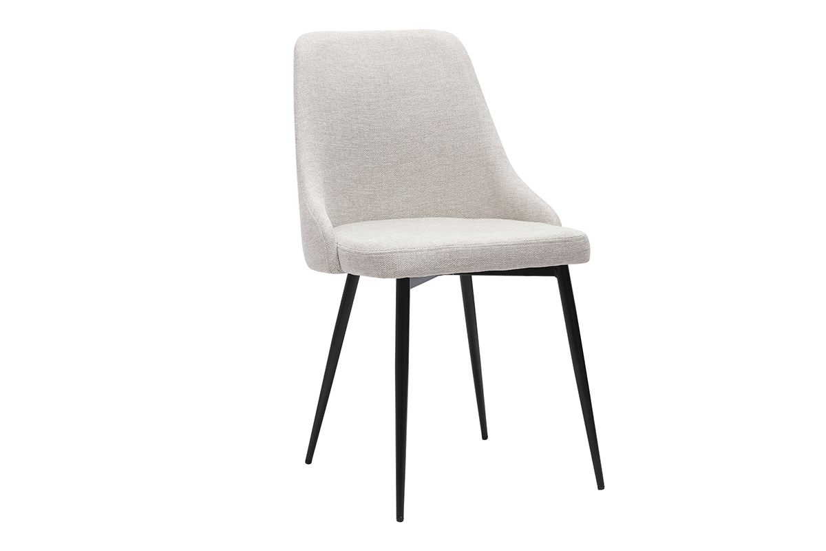 Chaise design en tissu effet velours beige naturel et m�tal noir, vue de 3/4.
