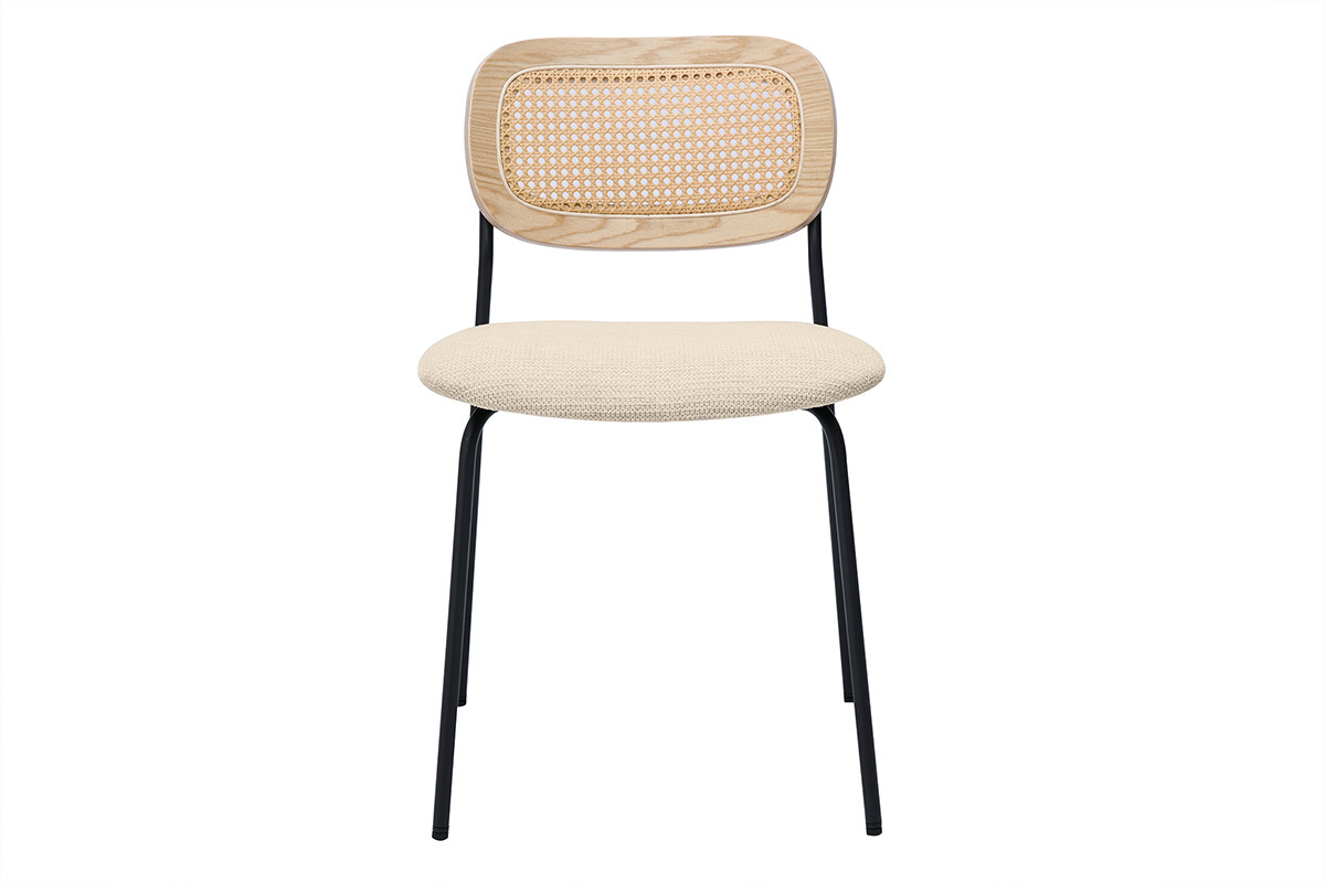 Chaises design en tissu effet velours textur� beige, m�tal noir et cannage rotin (lot de 2) MIRANDA