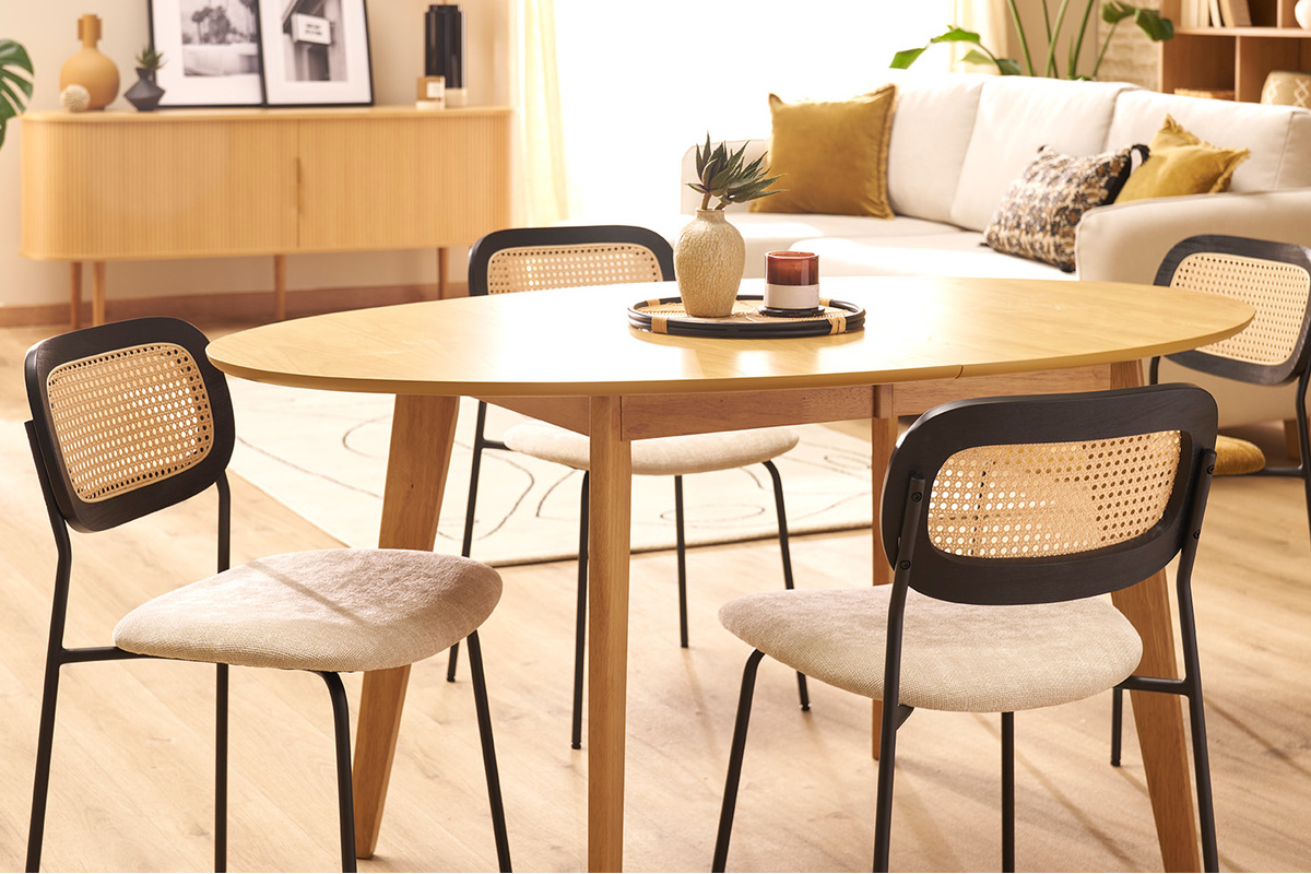 Chaises design en tissu effet velours textur� beige, m�tal noir et cannage rotin (lot de 2) MIRANDA