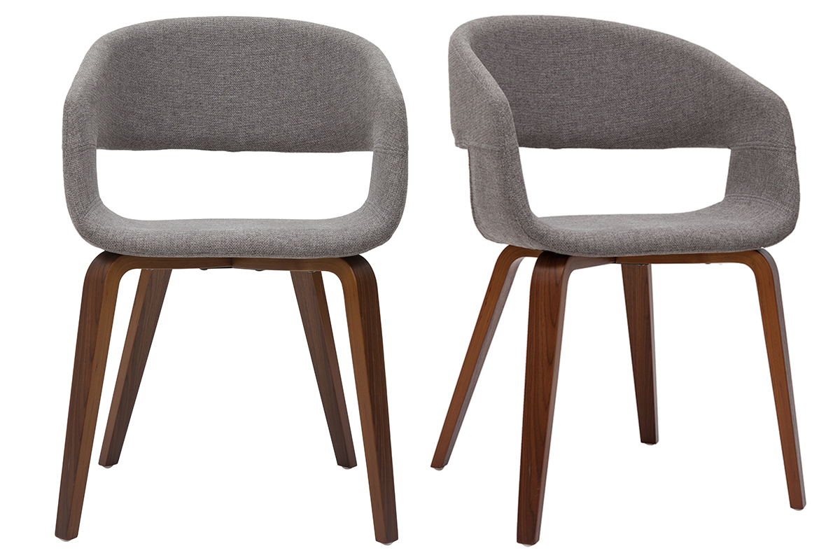 Chaises design en tissu gris avec pieds en bois fonc�, vue de face, lot de 2