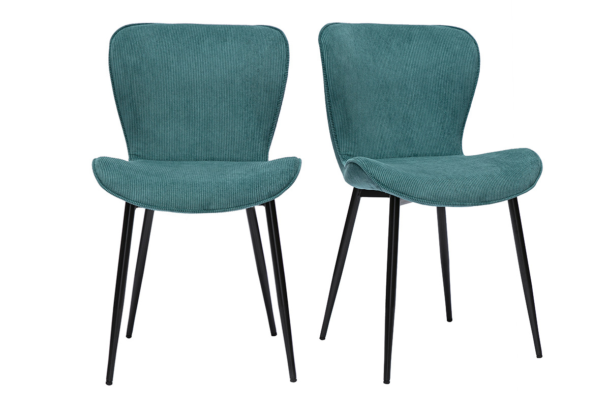 Chaises bleu canard en velours c�tel� avec pi�tement noir, vue de face.