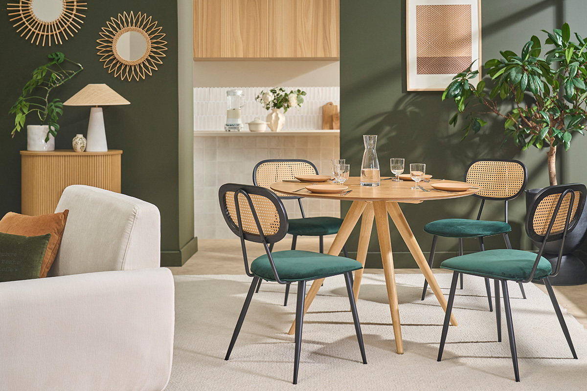 Chaises design en tissu velours vert fonc�, m�tal noir et cannage rotin (lot de 2) SWANN