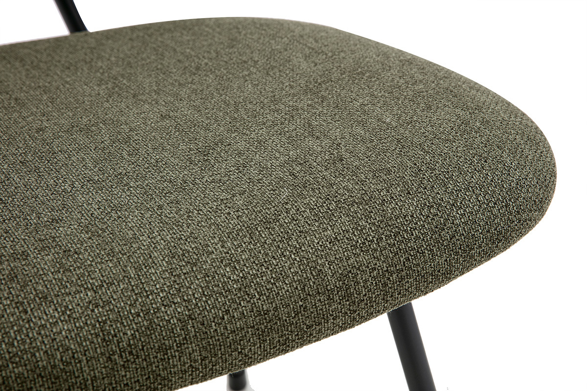 Assise de chaise design en tissu vert kaki avec structure en m�tal noir, vue de pr�s.