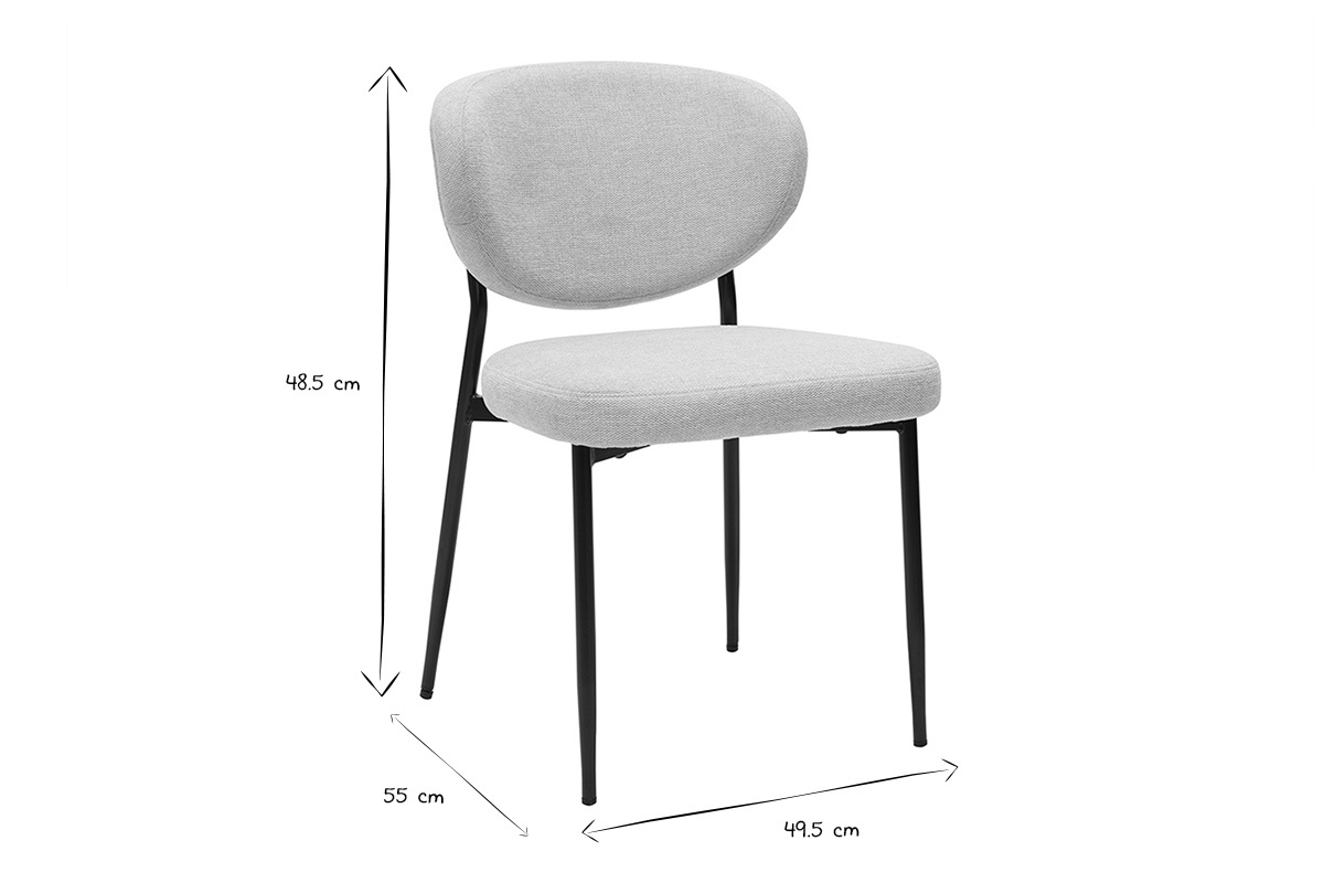 Chaise en tissu avec pieds en m�tal noir, dimensions en noir et blanc.