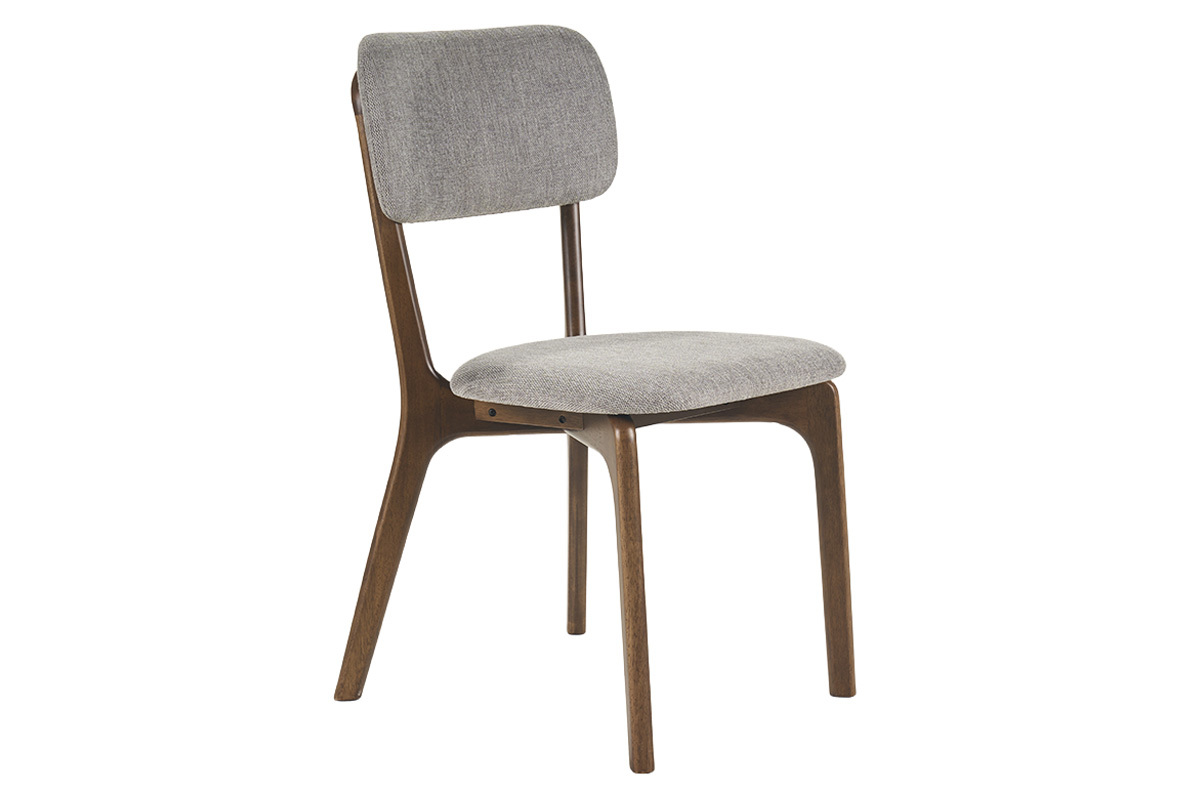 Chaise en tissu effet velours gris et bois fonc� vue de 3/4.