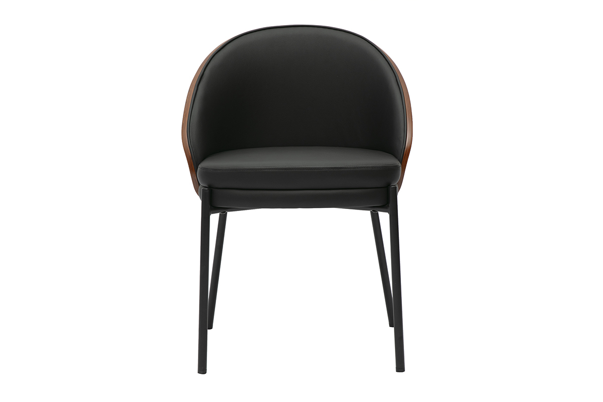 Chaise TUCSON, assise noire, bois fonc�, pieds m�tal noir. Vue de face.
