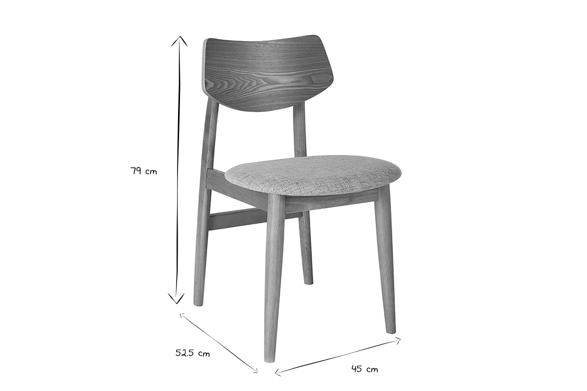 Chaise scandinave avec dimensions : H 79 cm, L 52,5 cm, P 45 cm, vue 3/4 en noir et blanc.