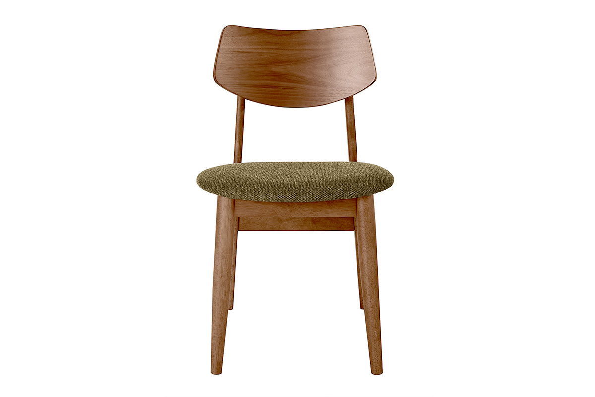 Chaise scandinave en bois fonc� et tissu vert kaki, vue de face