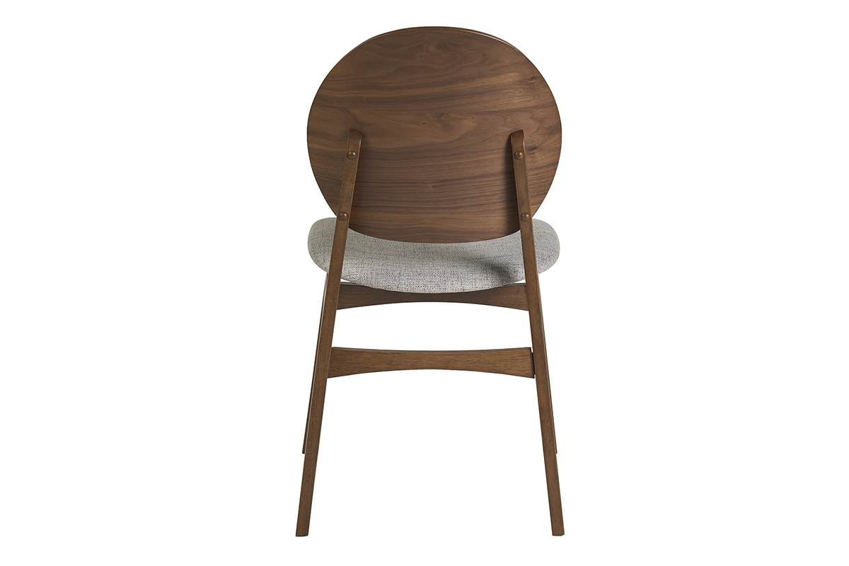 Chaise scandinave ELTON vue de dos, en bois fonc� avec assise en tissu gris clair.