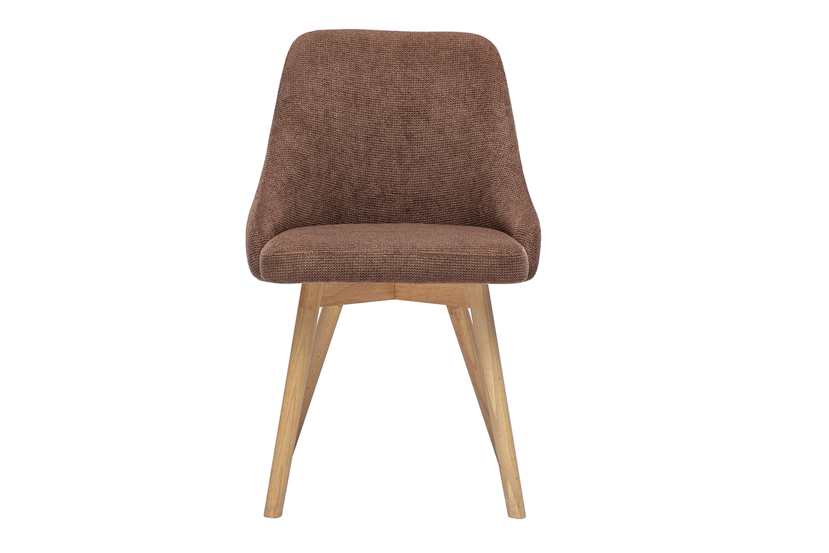 Chaise scandinave en tissu velours terre br�l�e, pi�tement bois clair, vue de face.