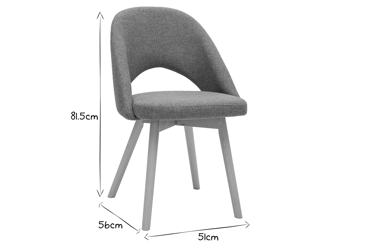 Dimensions d'une chaise vue de profil, 81,5cm hauteur, 56cm profondeur, 51cm largeur, en noir et blanc.