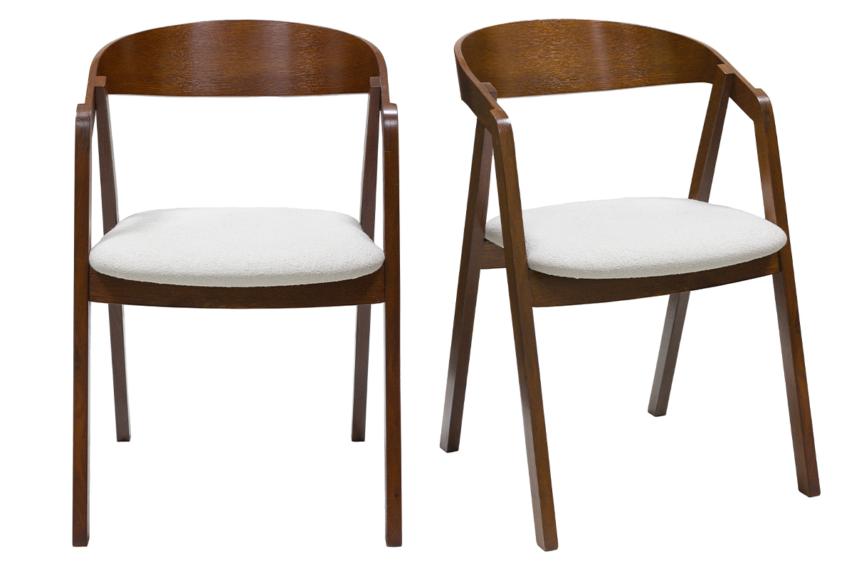 Chaises vintage empilables en bois teint� noyer et tissu effet laine boucl�e blanc (lot de 2) LOVA