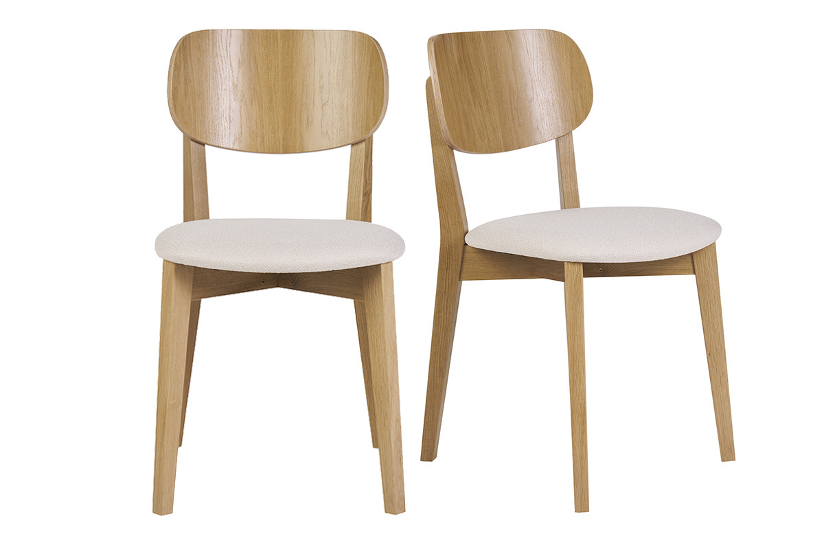 Chaises vintage en bois clair ch�ne et tissu effet laine boucl�e blanc (lot de 2) LUCIA