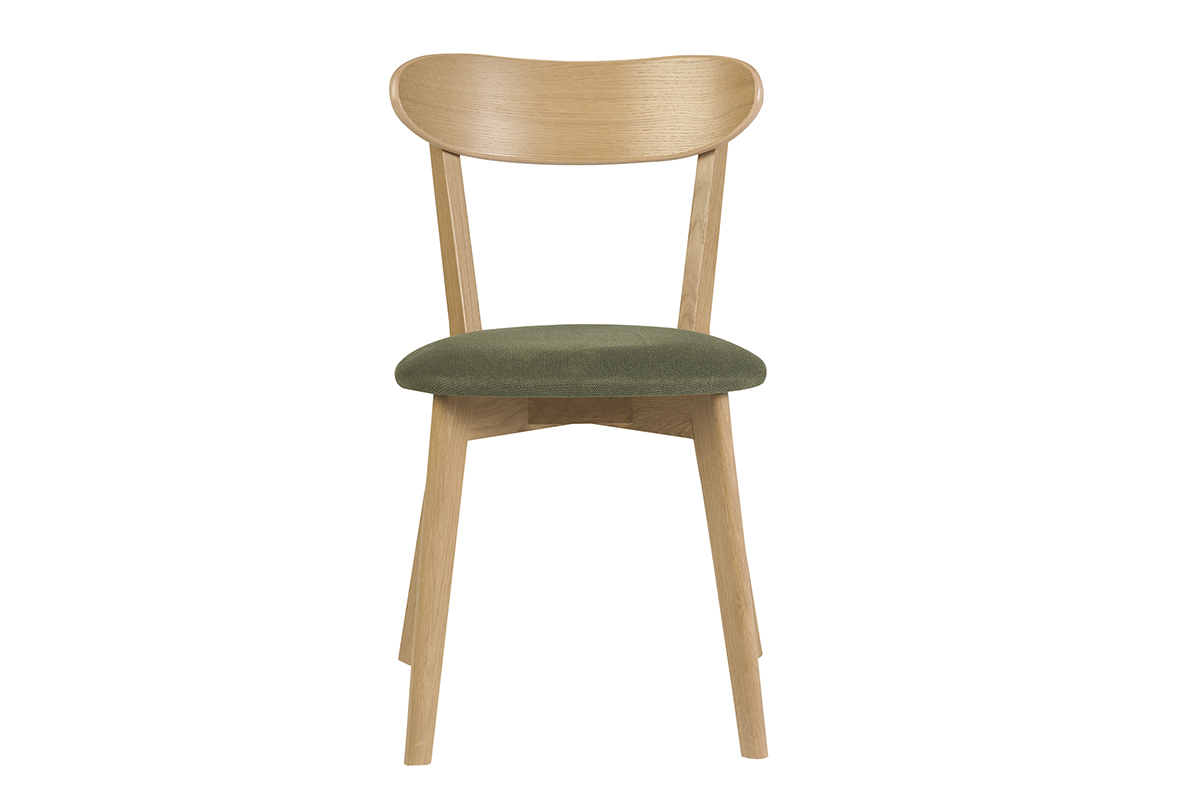 Chaise vintage en bois clair ch�ne avec assise en tissu velours textur� vert kaki, vue de face.