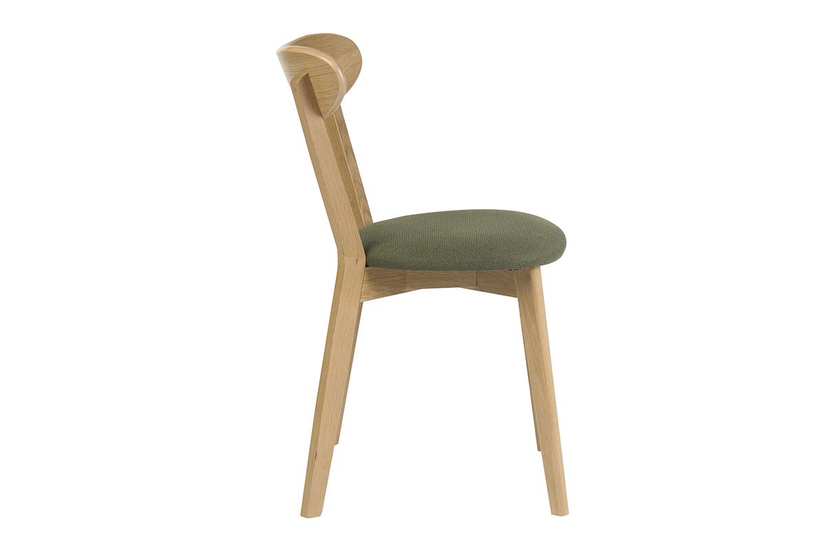 Chaise vintage en bois ch�ne clair avec assise en tissu vert kaki, vue de profil.